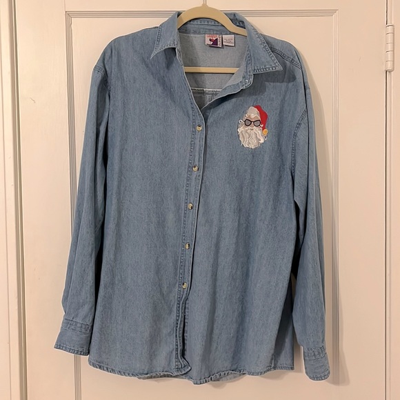 Chambray Santa Embroidered Shirt - Holiday / Christmas - Picture 1 of 2
